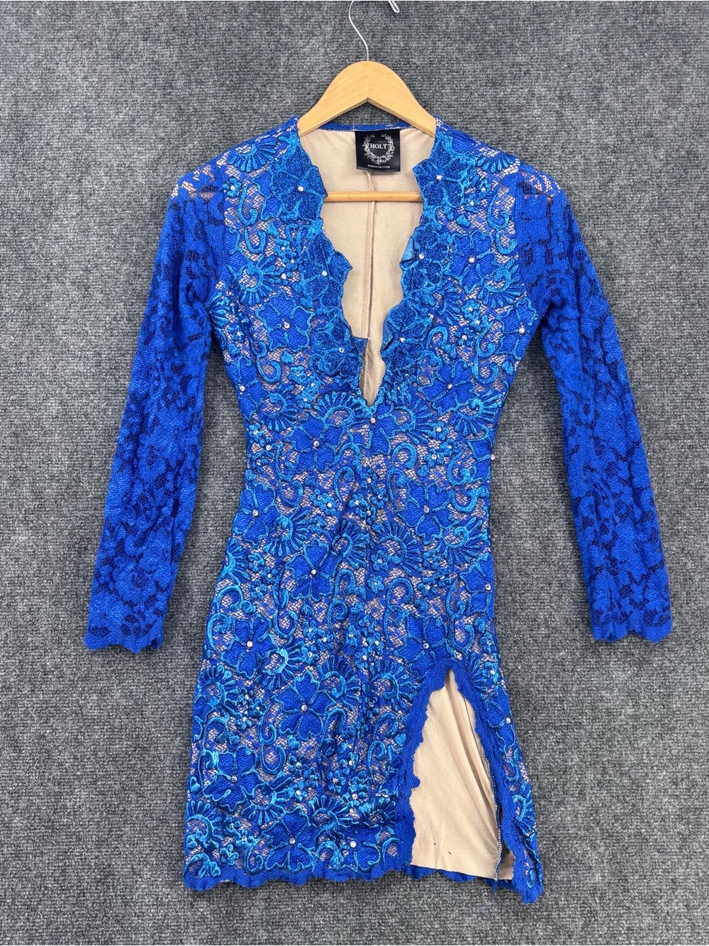 Holt Miami Club Glam Maximalist Dress In Royal Blue Deep V Neck Slit Women’s S